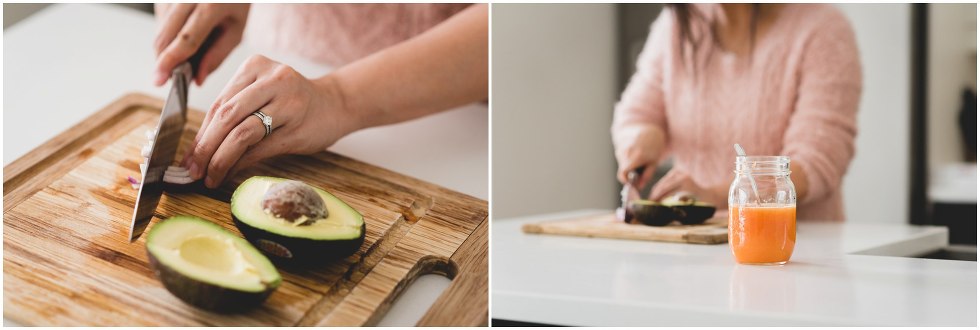 Woman chopping avocado and onions. 