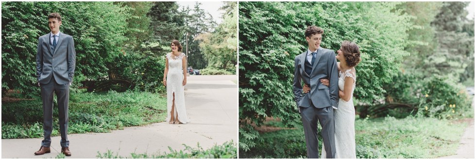 Bride and groom having their first look at the University of Guelph 