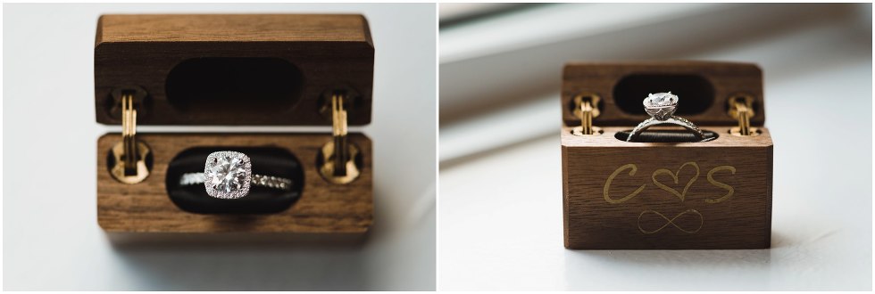 side shot and top shot of engagement ring box with ring in it and a heart shape and the letters C and S carved into wooden ring box