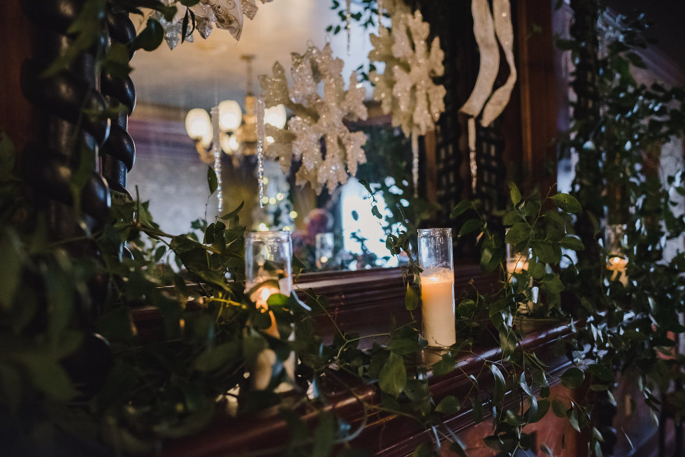 mantel covered with greenery and white candles Prince of Wales Hotel Niagara wedding 