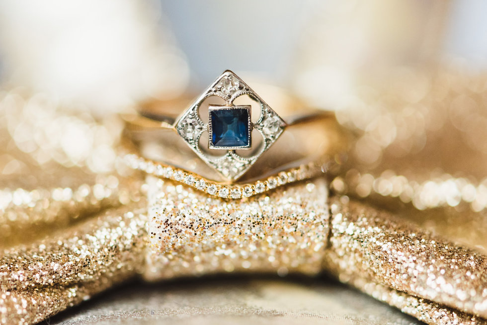 vintage silver and blue sapphire square ring on gold jewel bow Toronto wedding photographer Gillian Foster