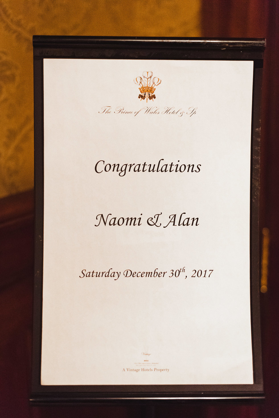 display board saying "congratulations Naomi & Alan, Saturday December 30th, 2017" Niagara wedding photography