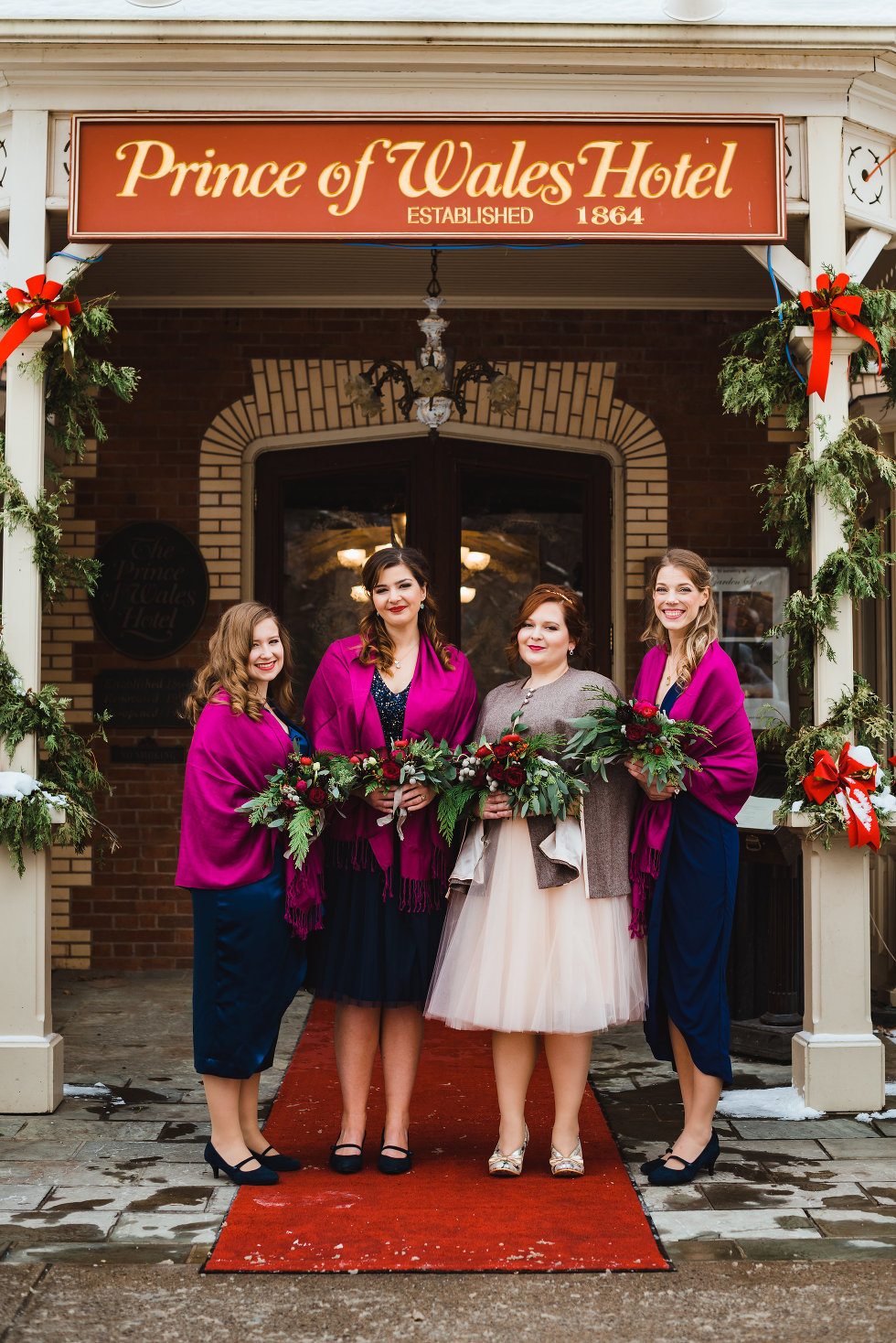 bride and her bridesmaids outside the Prince of Wales Hotel Niagara wedding photography