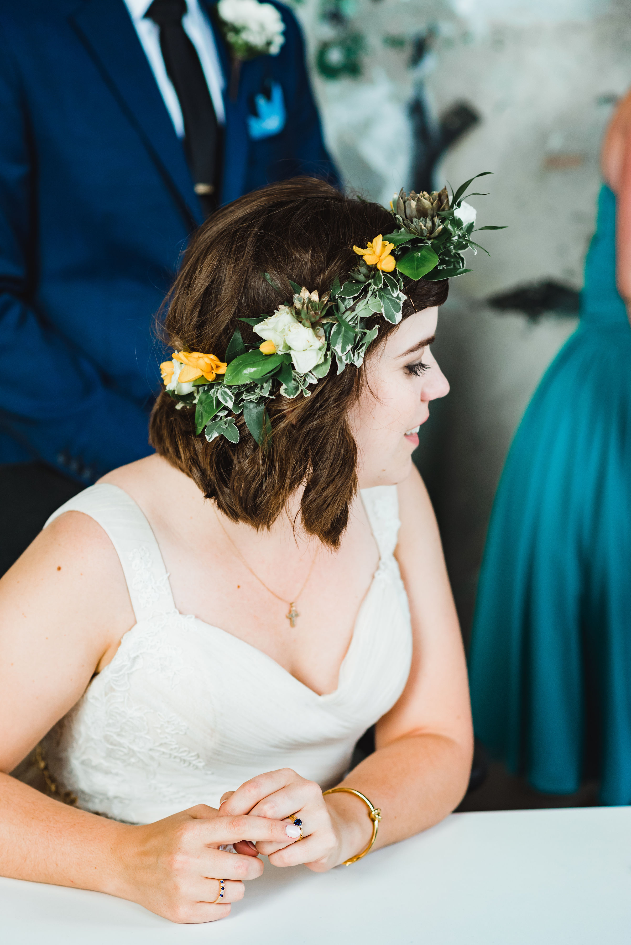 bride wearing a flower crown Toronto Junction Craft Brewing wedding photography