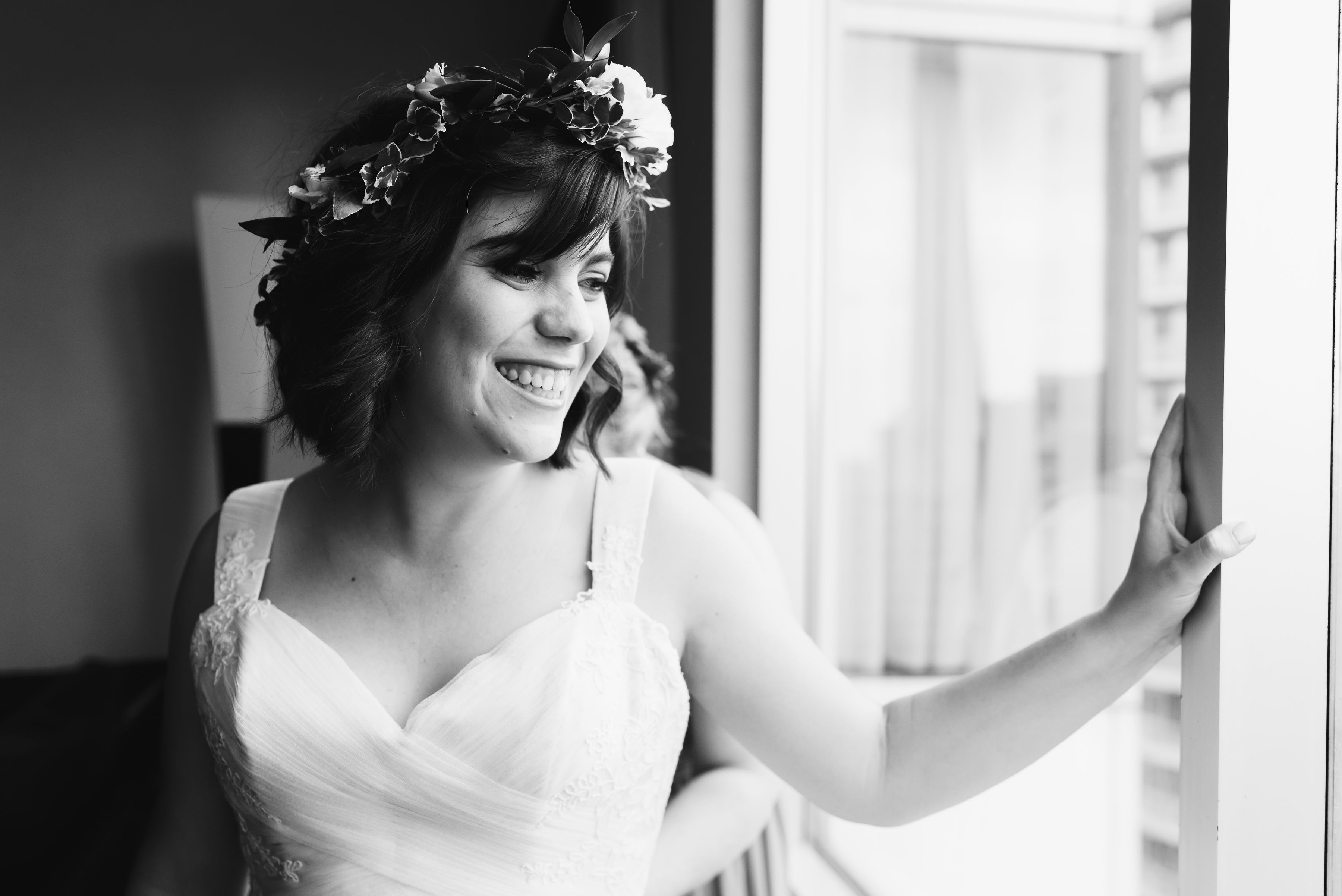 bride wearing flower crown with a big smile Toronto wedding photography