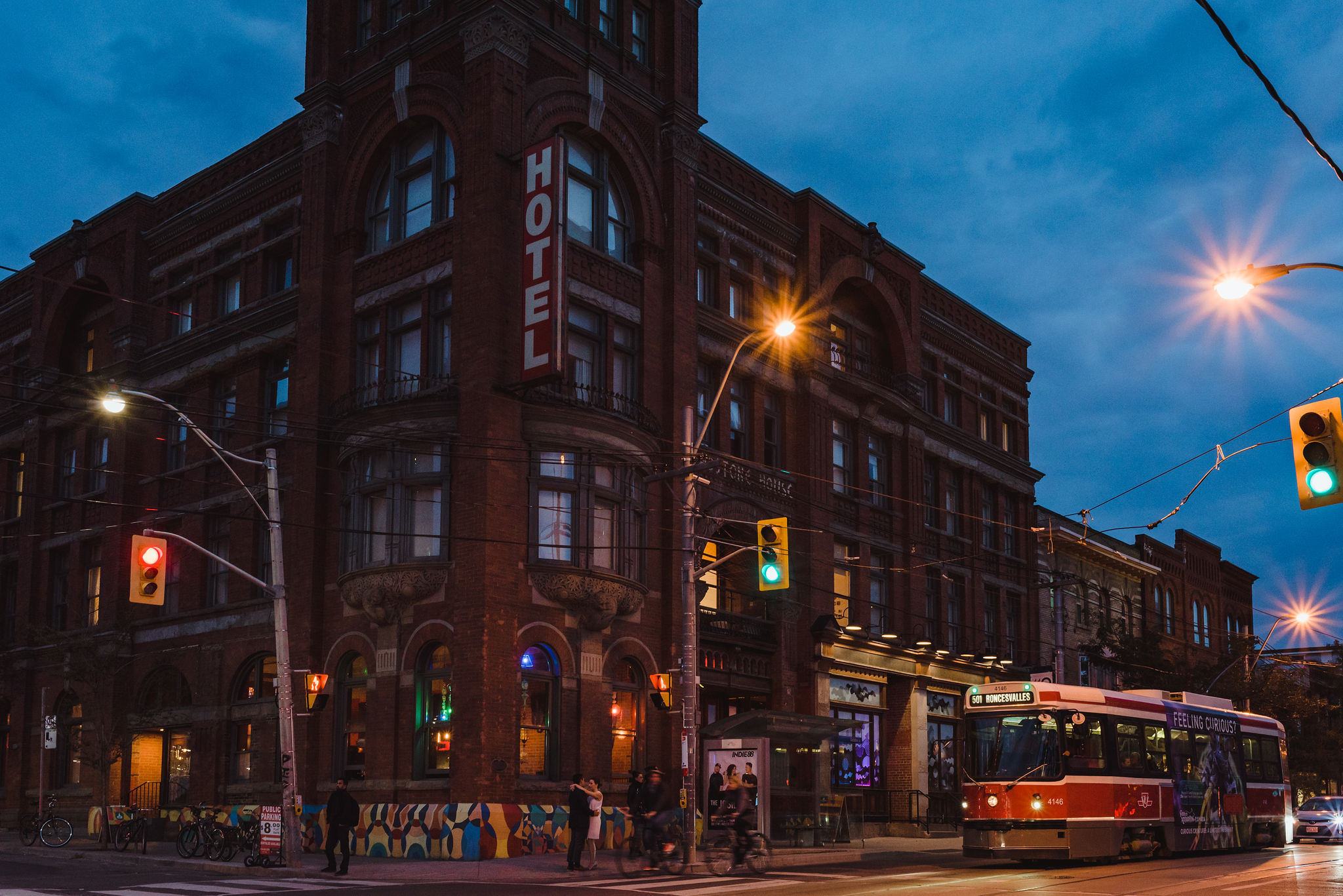 Gladstone Hotel at dusk with streetcar passing by Toronto wedding photography