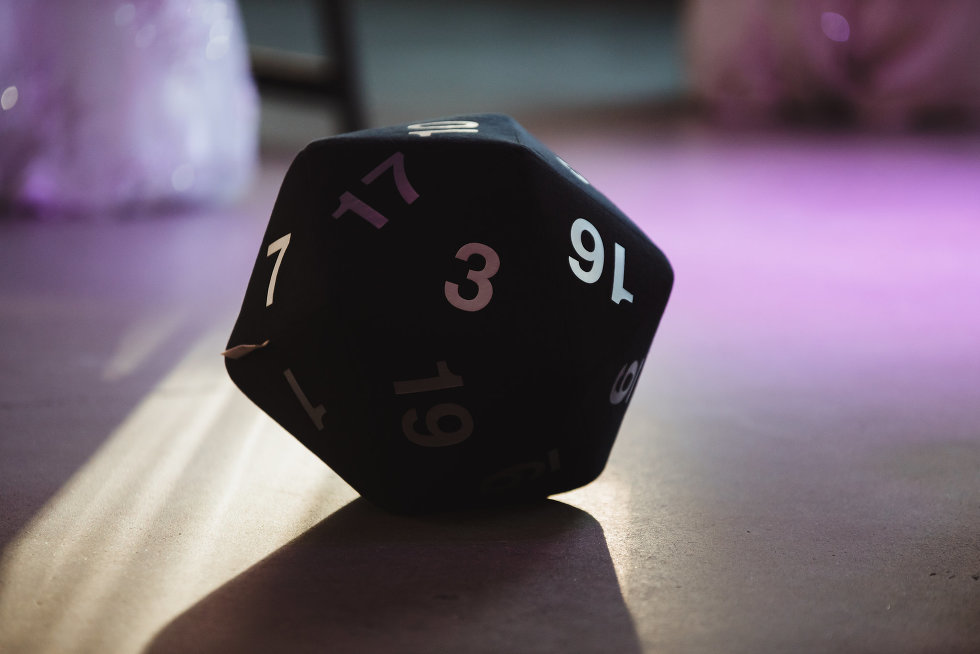 oversized dice sitting on floor of wedding venue at Steam Whistle Brewing Toronto Canada