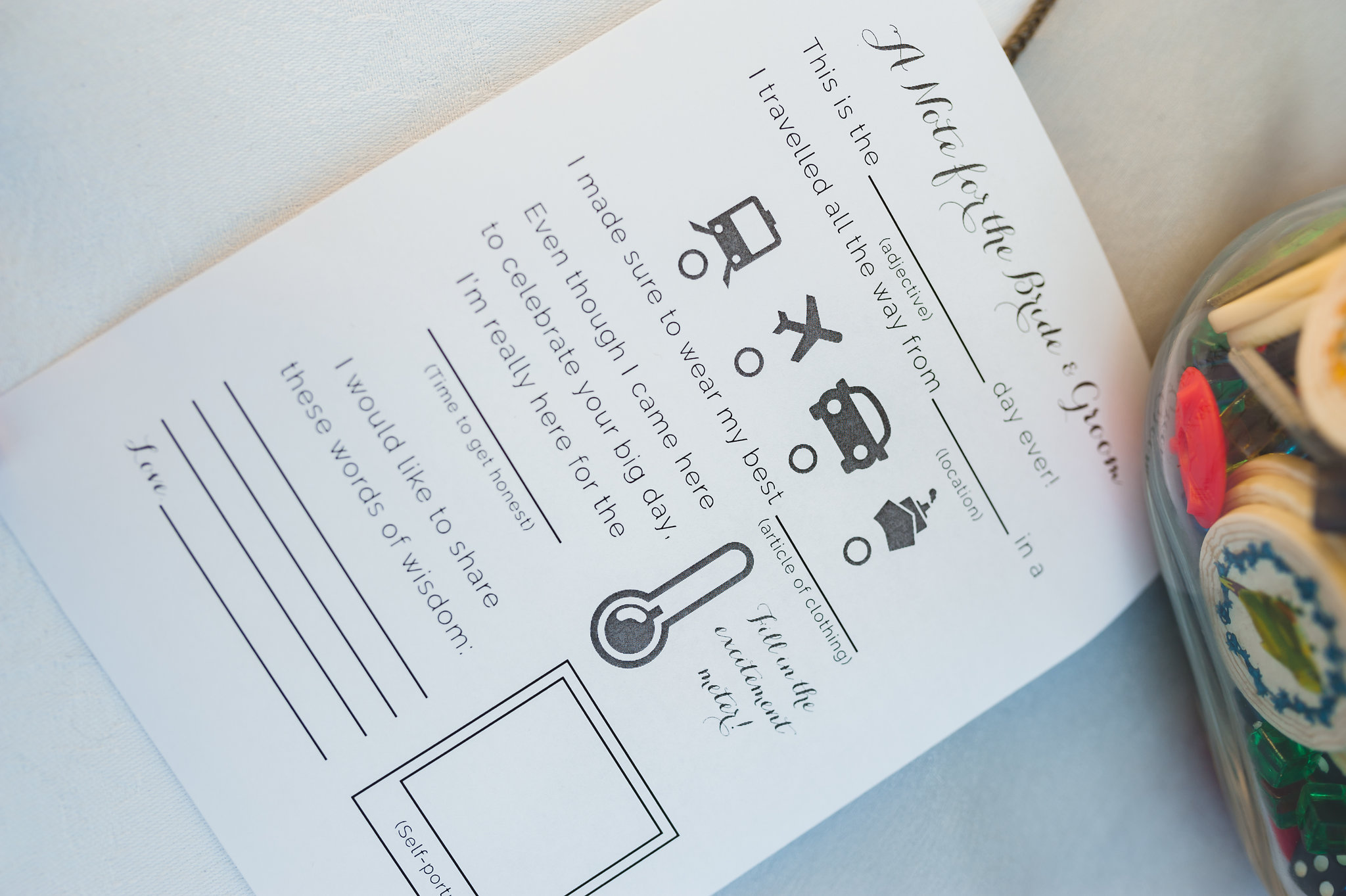 a piece of paper with notes that wedding guests can fill out for the bride and groom Steam Whistle Brewing 