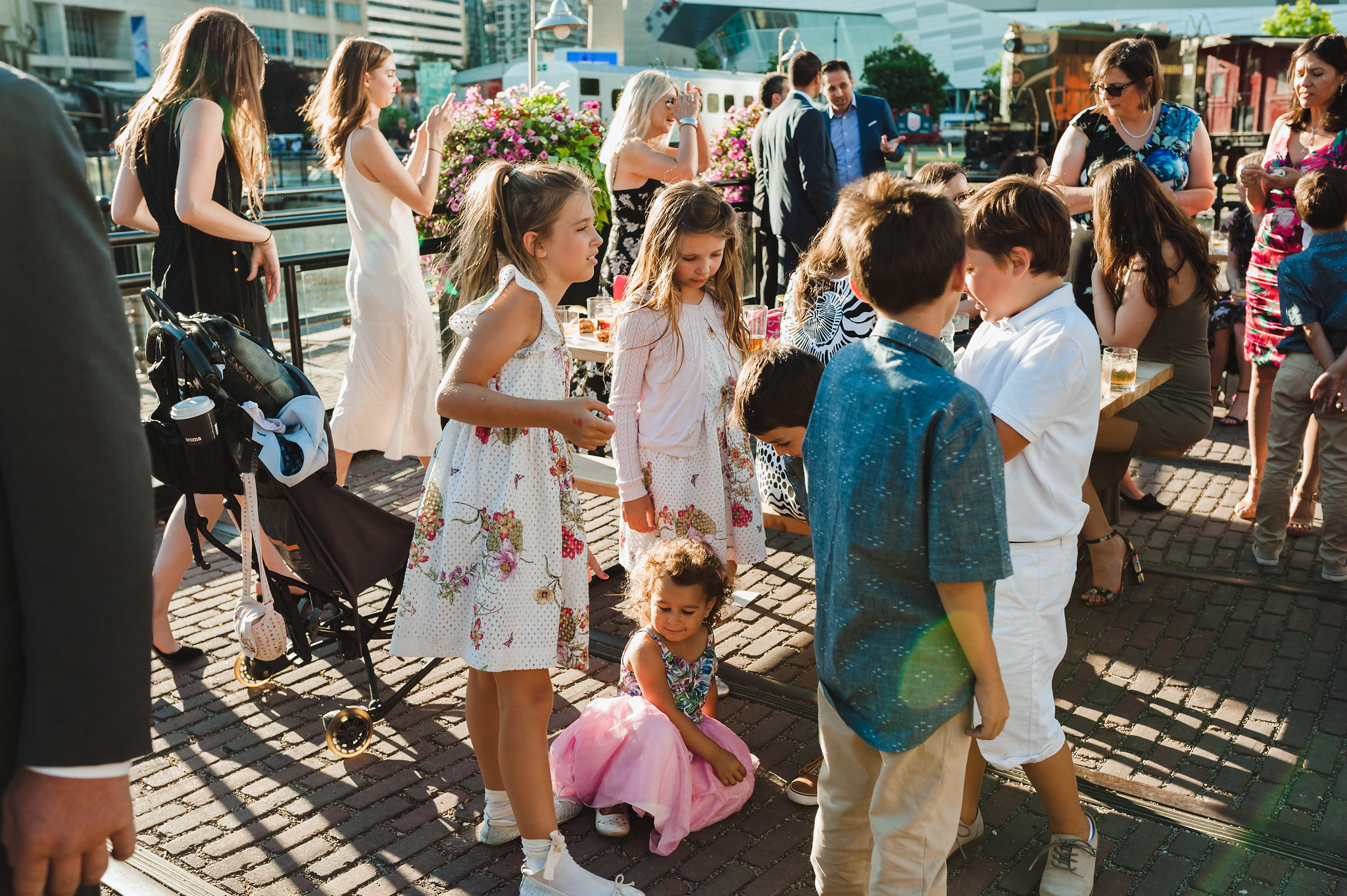 wedding guests on the patio at Steam Whistle Brewing Toronto Canada 