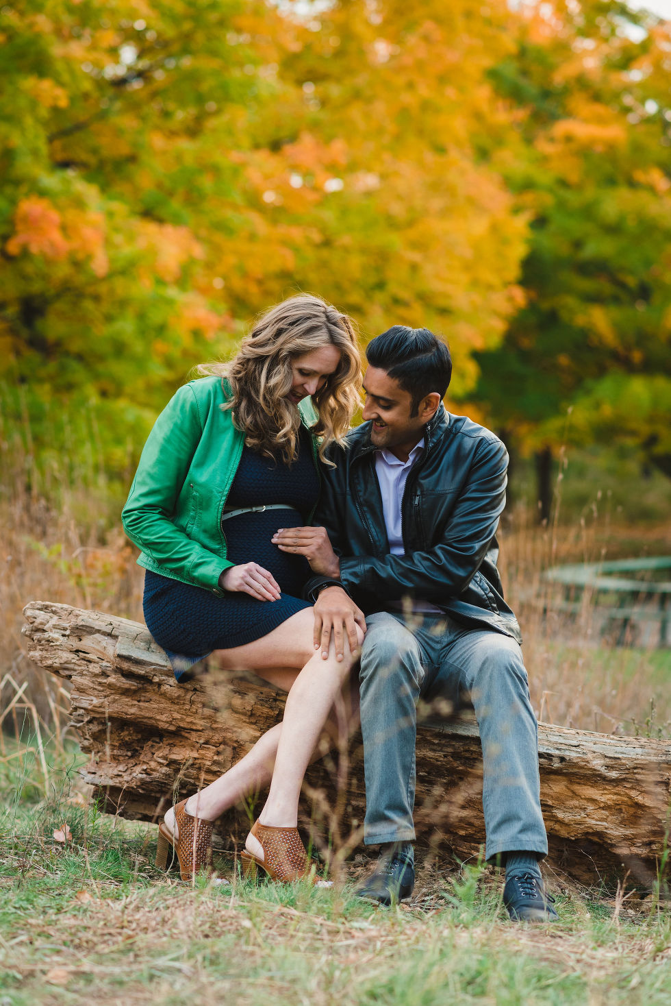 man touching his partners pregnant belly while sitting on a log in High Park, Toronto