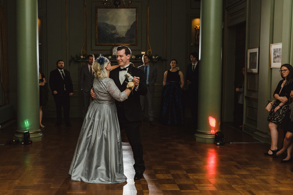 groom and his mother on the dance floor at the iconic University Club in downtown Toronto