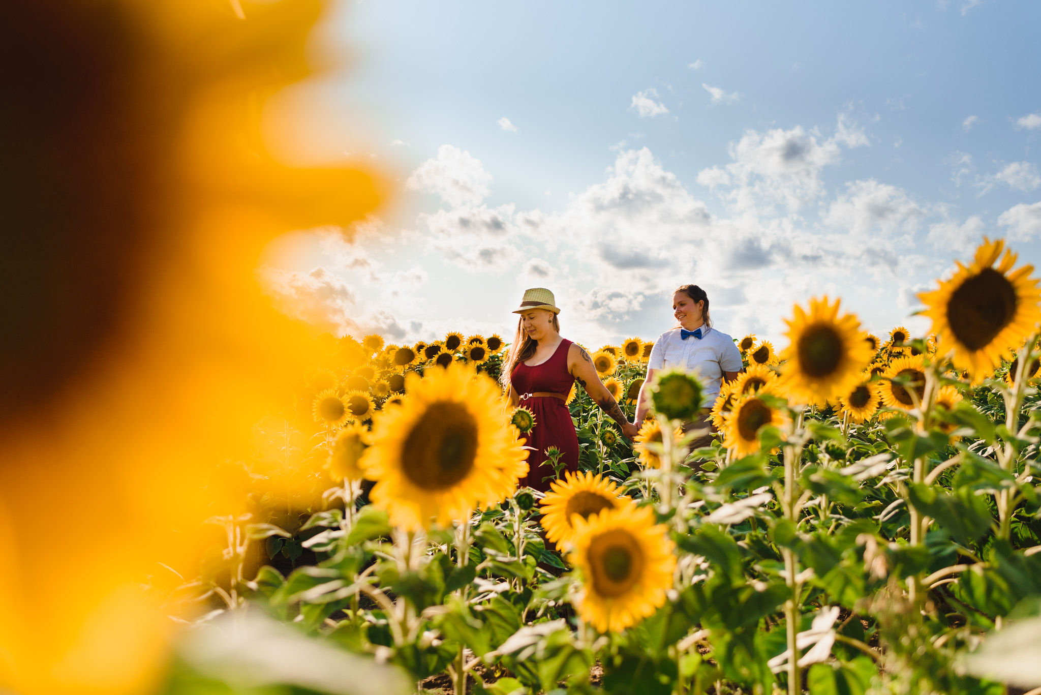 2 women holding hands and strolling through a stunning sea of sunflowers Toronto engagement photos